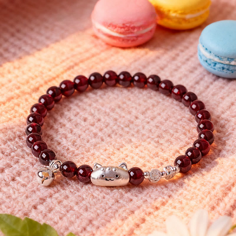 Pulsera de cuentas de granate con cabeza de gato natural de plata de ley 999 con Buddha Stones - image 17