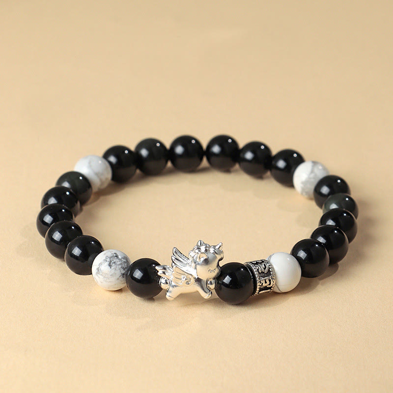 Pulsera de Buddha Stones en plata de ley 999 con semillas de Bodhi de obsidiana negra natural del Año del Caballo. - Obsidiana negra (circunferencia de la muñeca: 13-15 cm) - image 0