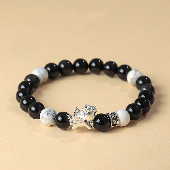 Pulsera de Buddha Stones en plata de ley 999 con semillas de Bodhi de obsidiana negra natural del Año del Caballo. - Obsidiana negra (circunferencia de la muñeca: 13-15 cm) - image 0