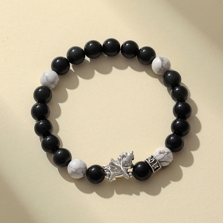 Pulsera de Buddha Stones en plata de ley 999 con semillas de Bodhi de obsidiana negra natural del Año del Caballo. - image 1