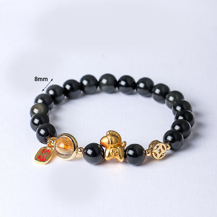 Pulsera de Buddha Stones del Año del Caballo, obsidiana negra natural de 8 mm, ágata roja, cristal rosa y fuerza. - image 1