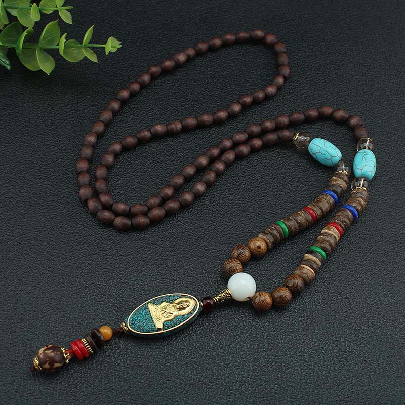 Collar con colgante de cuentas de concha de coco de armonía Avalokitesvara de Nepal vintage con Buddha Stones - SÍMBOLO AVALOKITESVARA (Riqueza ♥ Éxito) - image 0