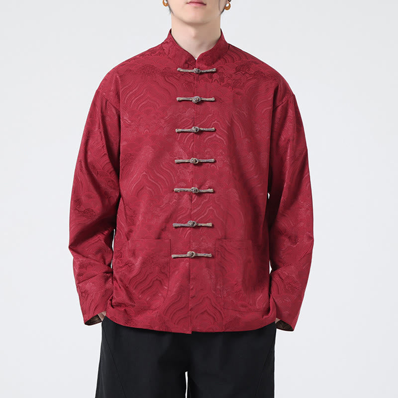 Chaqueta de algodón de manga larga para hombre con diseño de ondas de montaña y botones de Buddha Stones, con bolsillos - image 1