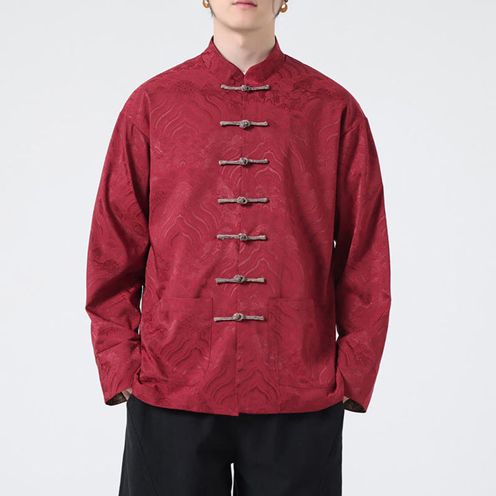 Chaqueta de algodón de manga larga para hombre con diseño de ondas de montaña y botones de Buddha Stones, con bolsillos - image 1