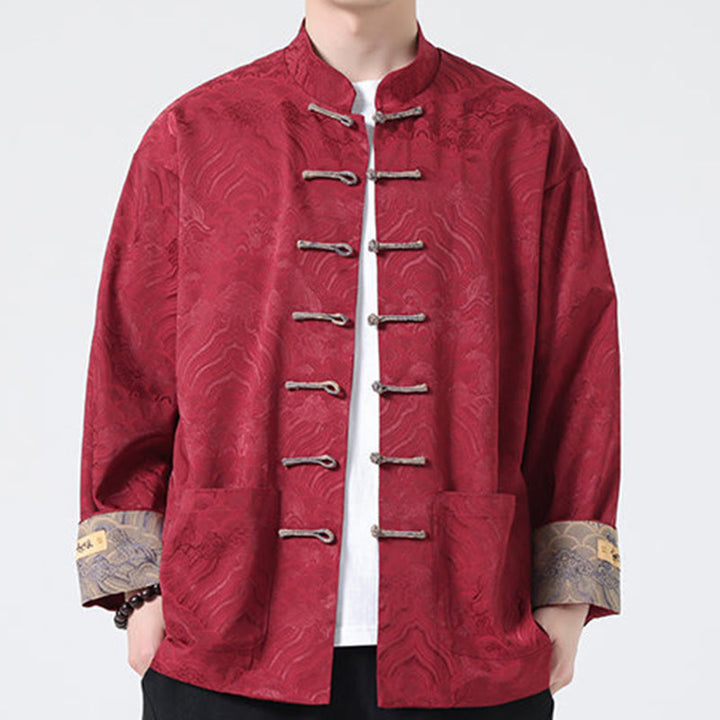 Chaqueta de algodón de manga larga para hombre con diseño de ondas de montaña y botones de Buddha Stones, con bolsillos - image 7