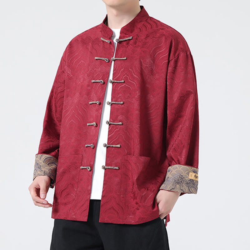 Chaqueta de algodón de manga larga para hombre con diseño de ondas de montaña y botones de Buddha Stones, con bolsillos - image 3