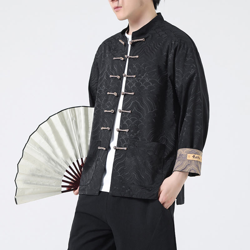 Chaqueta de algodón de manga larga para hombre con diseño de ondas de montaña y botones de Buddha Stones, con bolsillos - image 12