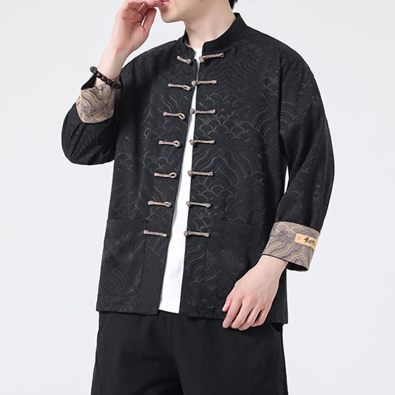 Chaqueta de algodón de manga larga para hombre con diseño de ondas de montaña y botones de Buddha Stones, con bolsillos - image 13