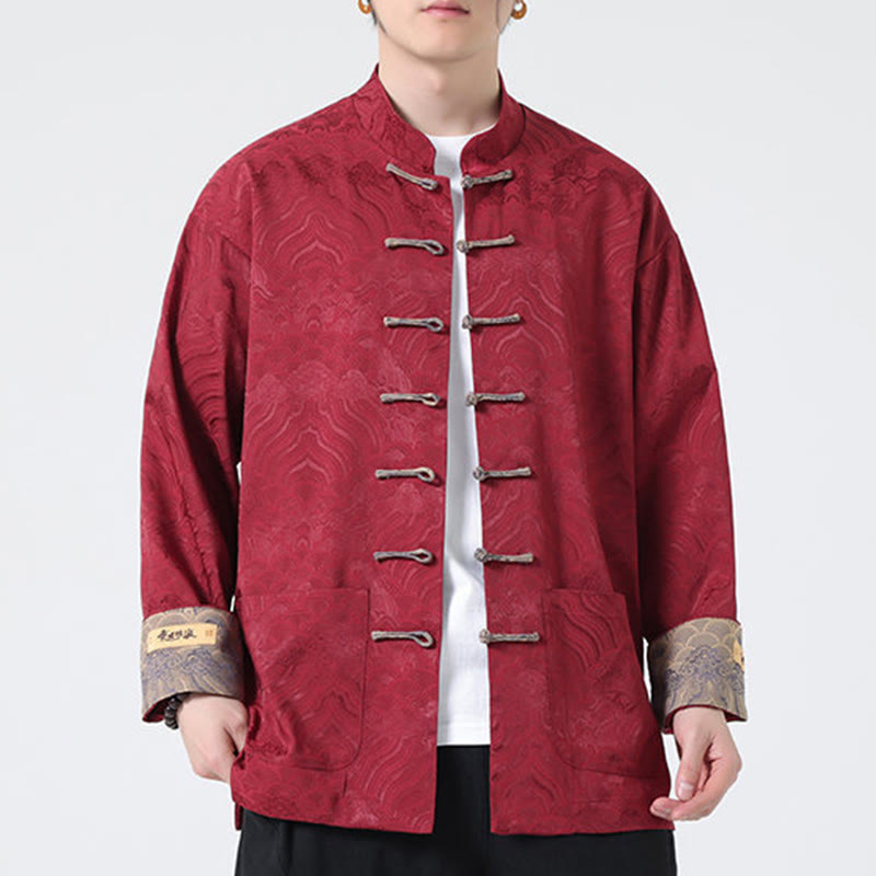 Chaqueta de algodón de manga larga para hombre con diseño de ondas de montaña y botones de Buddha Stones, con bolsillos - image 4