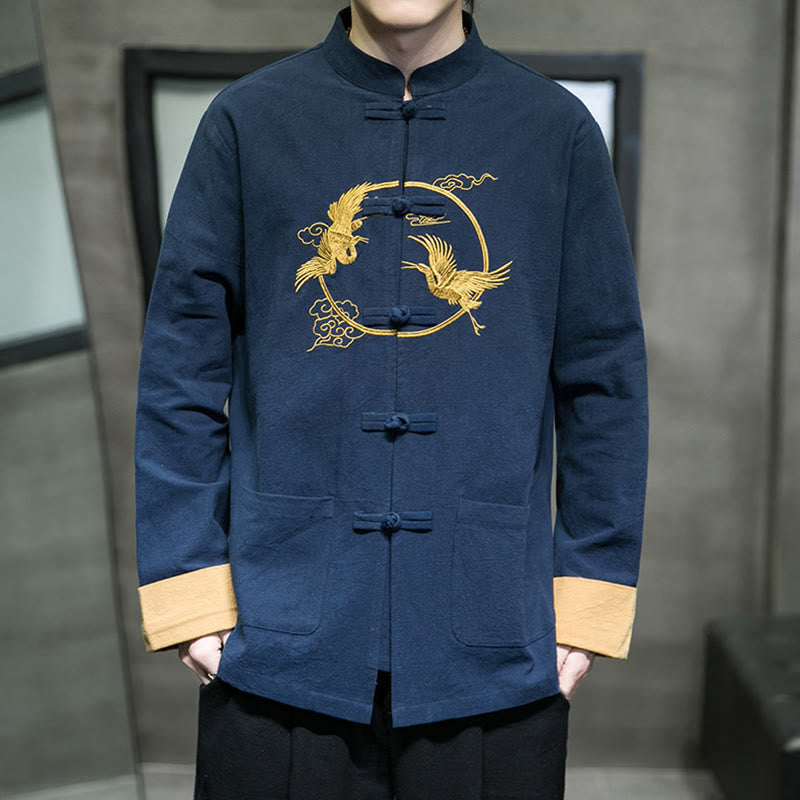 Chaqueta de algodón de manga larga para hombre con bordado de grullas y Buddha Stones , botones de rana y bolsillos - Azul oscuro - US/UK/AU46, EU56 (5XL) - image 29