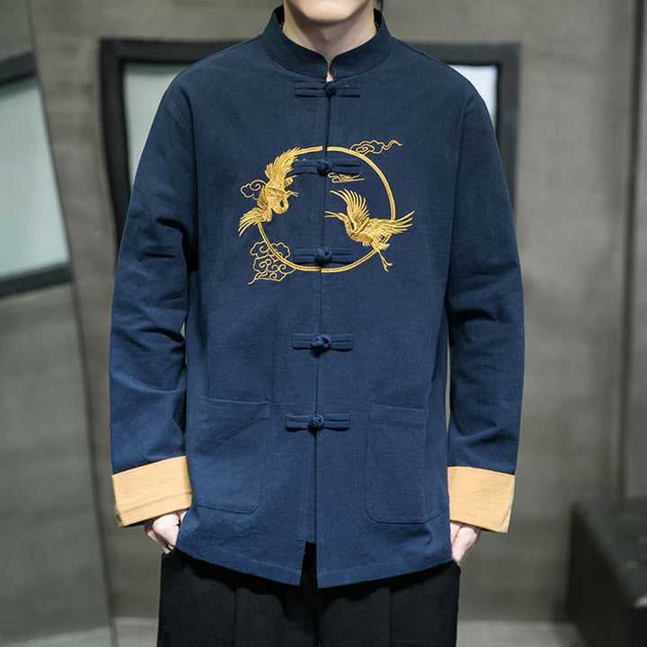 Chaqueta de algodón de manga larga para hombre con bordado de grullas y Buddha Stones , botones de rana y bolsillos - Azul oscuro - US/UK/AU46, EU56 (5XL) - image 29