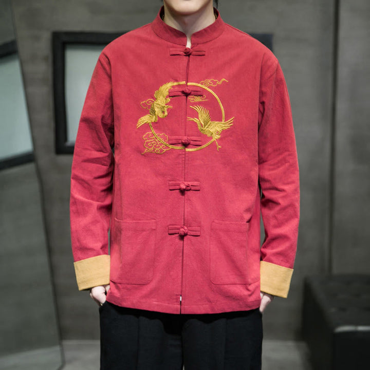 Chaqueta de algodón de manga larga para hombre con bordado de grullas y Buddha Stones , botones de rana y bolsillos - image 1