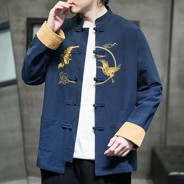 Chaqueta de algodón de manga larga para hombre con bordado de grullas y Buddha Stones , botones de rana y bolsillos - image 31