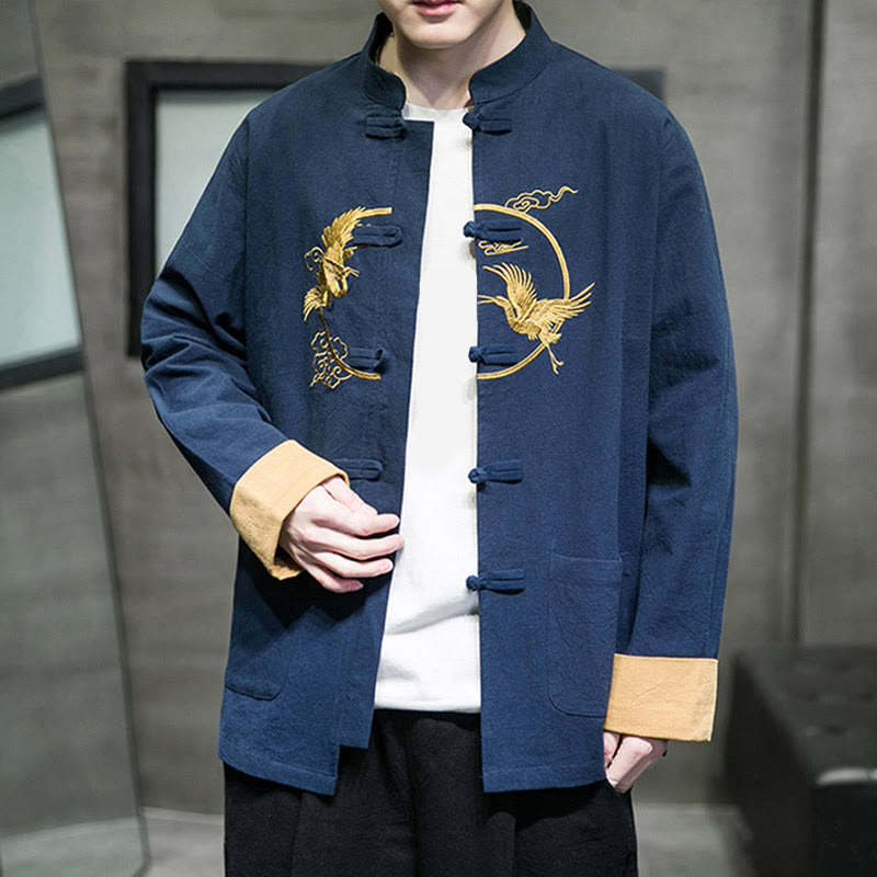 Chaqueta de algodón de manga larga para hombre con bordado de grullas y Buddha Stones , botones de rana y bolsillos - image 32
