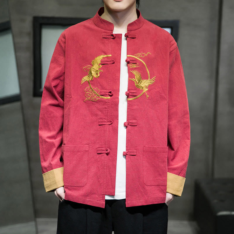 Chaqueta de algodón de manga larga para hombre con bordado de grullas y Buddha Stones , botones de rana y bolsillos - image 3