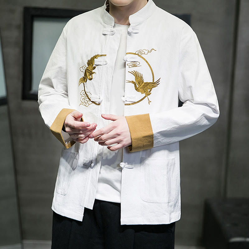 Chaqueta de algodón de manga larga para hombre con bordado de grullas y Buddha Stones , botones de rana y bolsillos - image 13