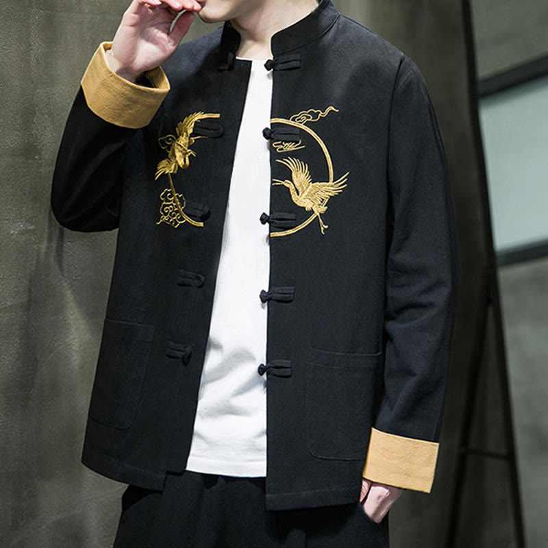 Chaqueta de algodón de manga larga para hombre con bordado de grullas y Buddha Stones , botones de rana y bolsillos - image 24