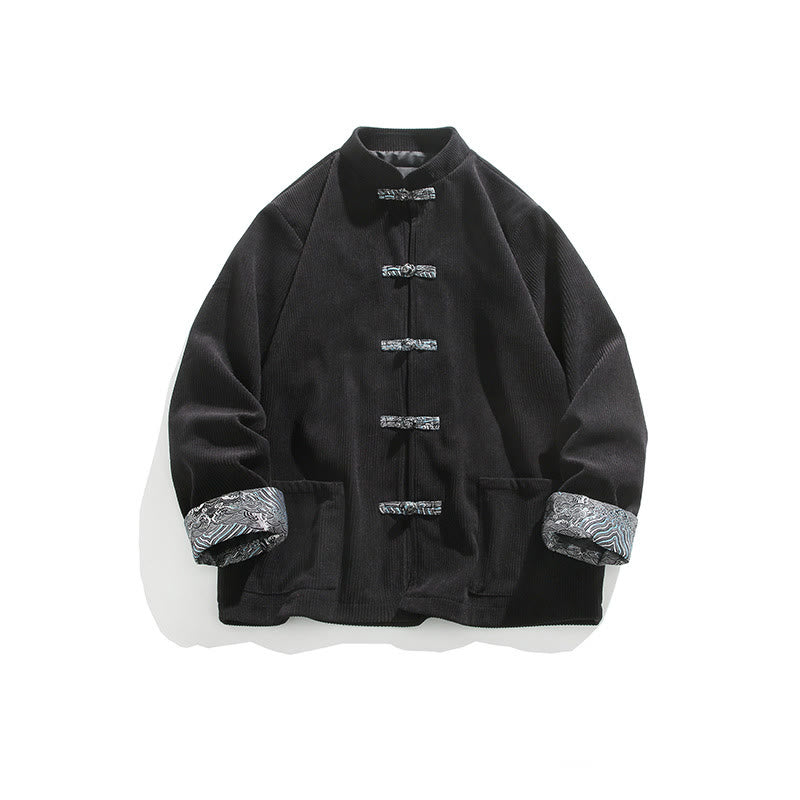 Chaqueta de pana de algodón de manga larga con botones de rana y jacquard de primavera para hombre con bolsillos y Buddha Stones - Negro - US/UK/AU46, EU56 (5XL) - image 10