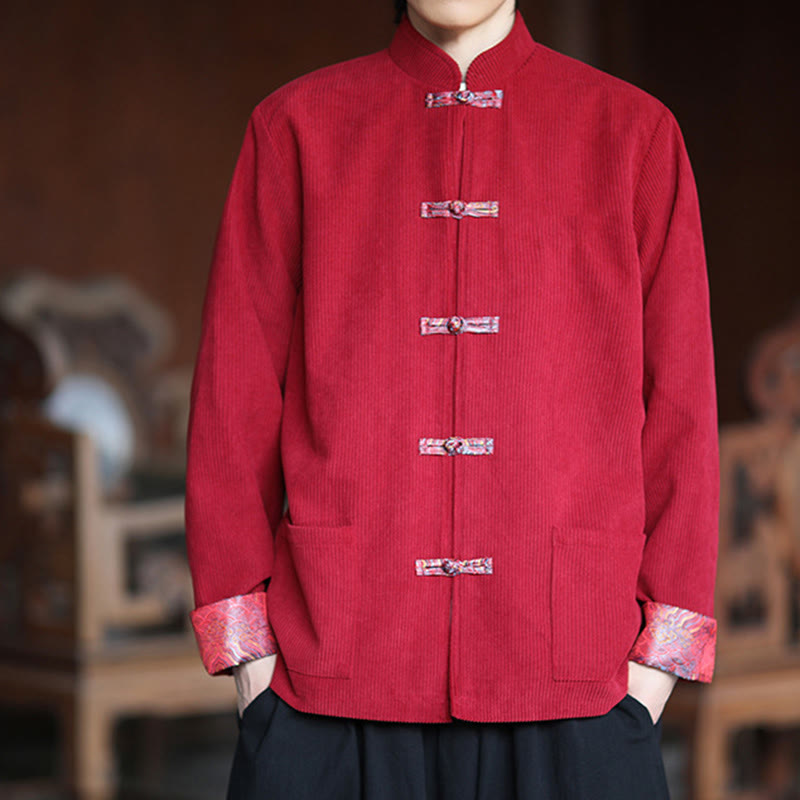 Chaqueta de pana de algodón de manga larga con botones de rana y jacquard de primavera para hombre con bolsillos y Buddha Stones - image 3