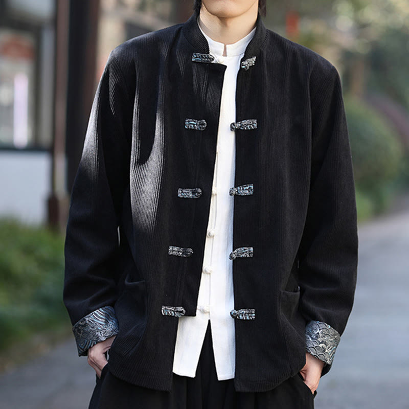 Chaqueta de pana de algodón de manga larga con botones de rana y jacquard de primavera para hombre con bolsillos y Buddha Stones - image 14