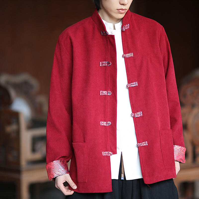 Chaqueta de pana de algodón de manga larga con botones de rana y jacquard de primavera para hombre con bolsillos y Buddha Stones - image 6