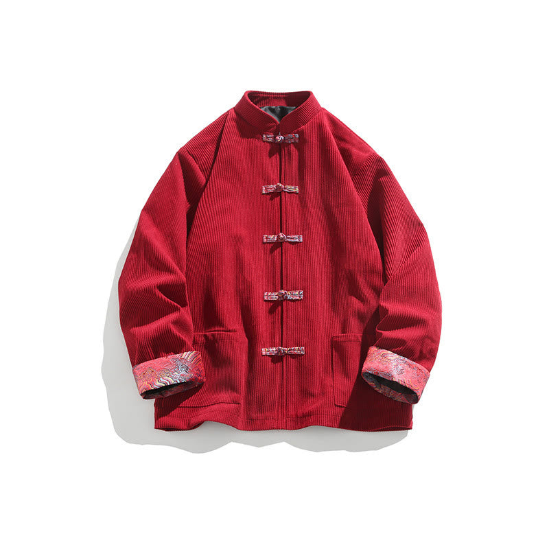 Chaqueta de pana de algodón de manga larga con botones de rana y jacquard de primavera para hombre con bolsillos y Buddha Stones - image 1