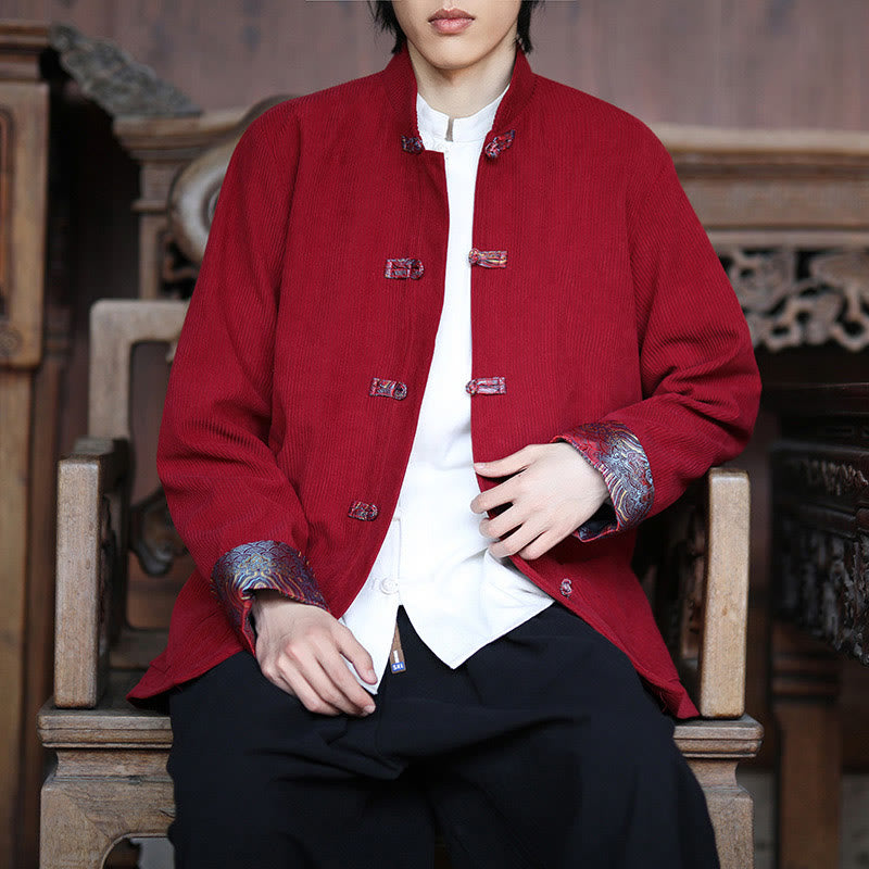 Chaqueta de pana de algodón de manga larga con botones de rana y jacquard de primavera para hombre con bolsillos y Buddha Stones - image 8