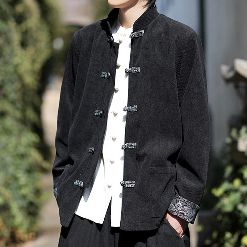 Chaqueta de pana de algodón de manga larga con botones de rana y jacquard de primavera para hombre con bolsillos y Buddha Stones - image 13