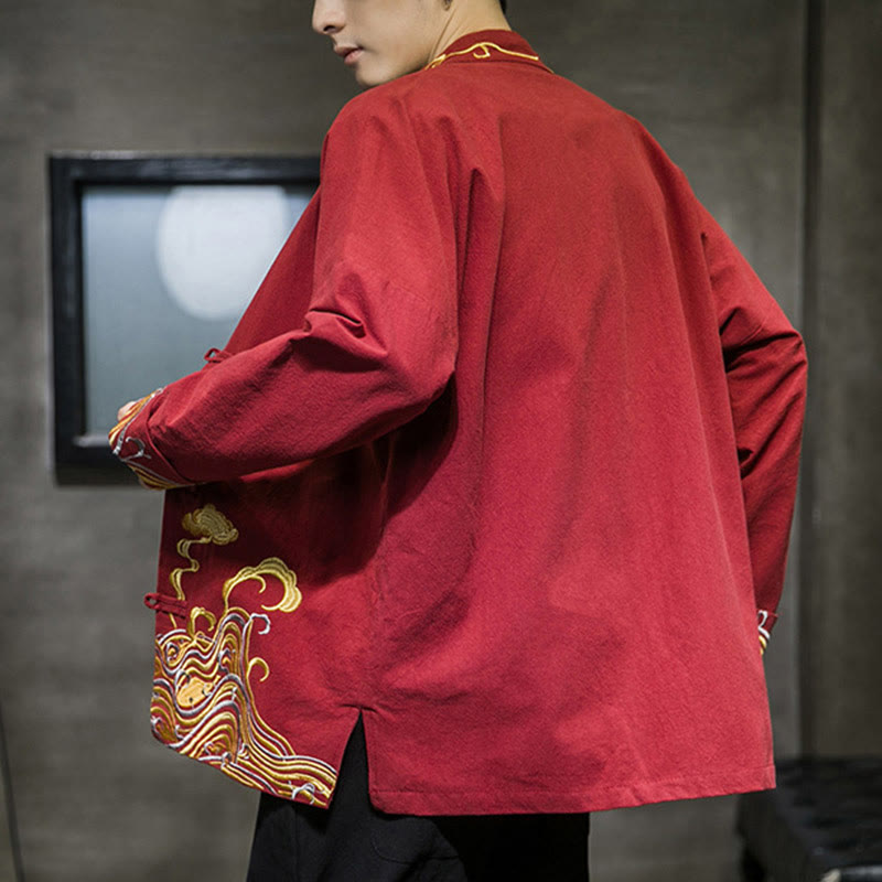 Chaqueta de traje Tang de algodón para hombre, de manga larga, con botones de rana y nubes bordadas con Buddha Stones - image 2