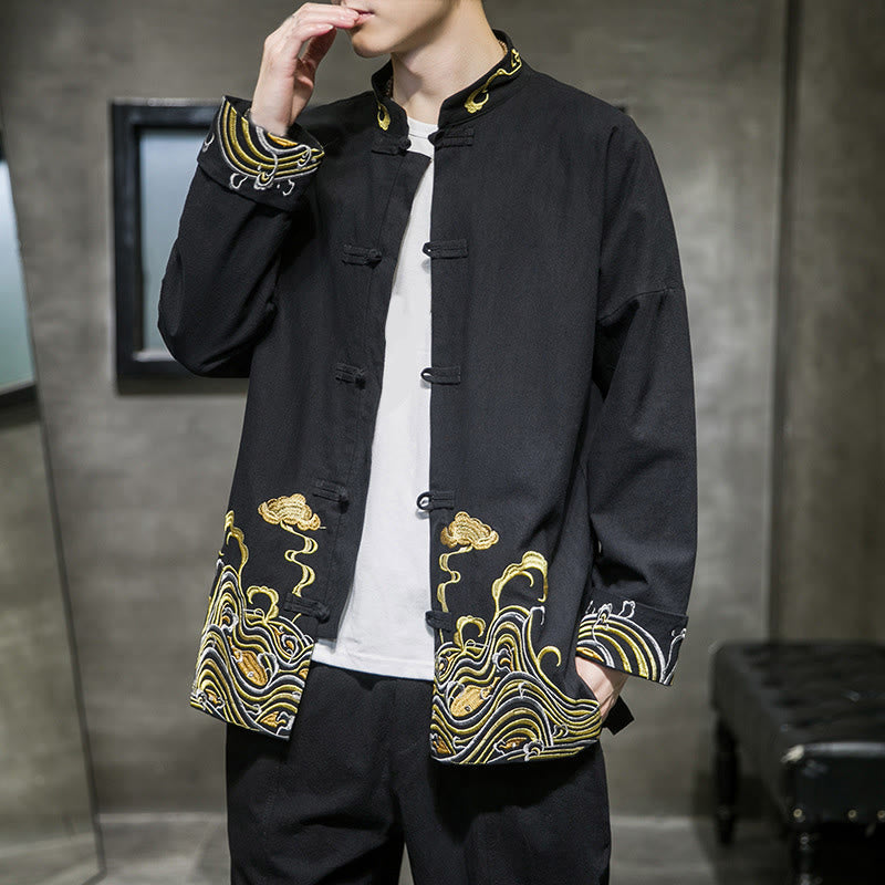 Chaqueta de traje Tang de algodón para hombre, de manga larga, con botones de rana y nubes bordadas con Buddha Stones - image 10