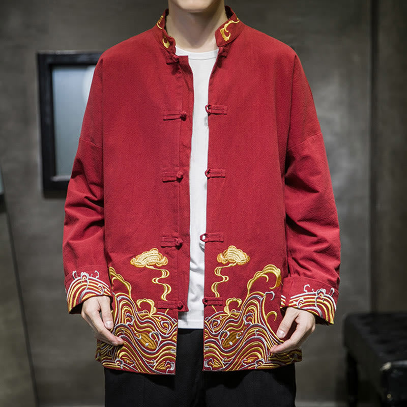 Chaqueta de traje Tang de algodón para hombre, de manga larga, con botones de rana y nubes bordadas con Buddha Stones - image 3