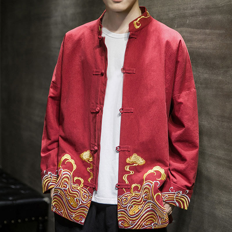 Chaqueta de traje Tang de algodón para hombre, de manga larga, con botones de rana y nubes bordadas con Buddha Stones - image 6