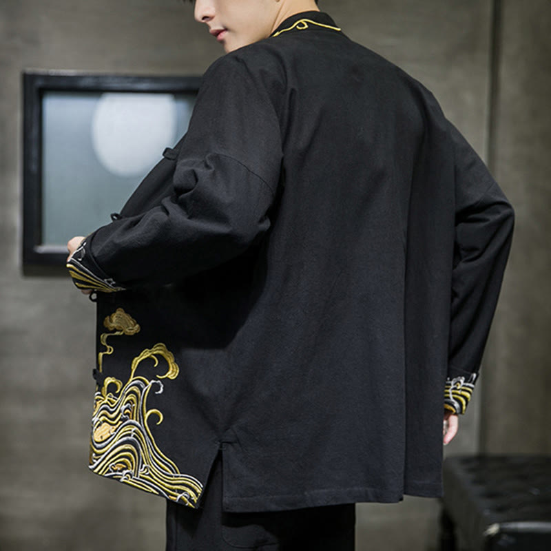 Chaqueta de traje Tang de algodón para hombre, de manga larga, con botones de rana y nubes bordadas con Buddha Stones - image 13