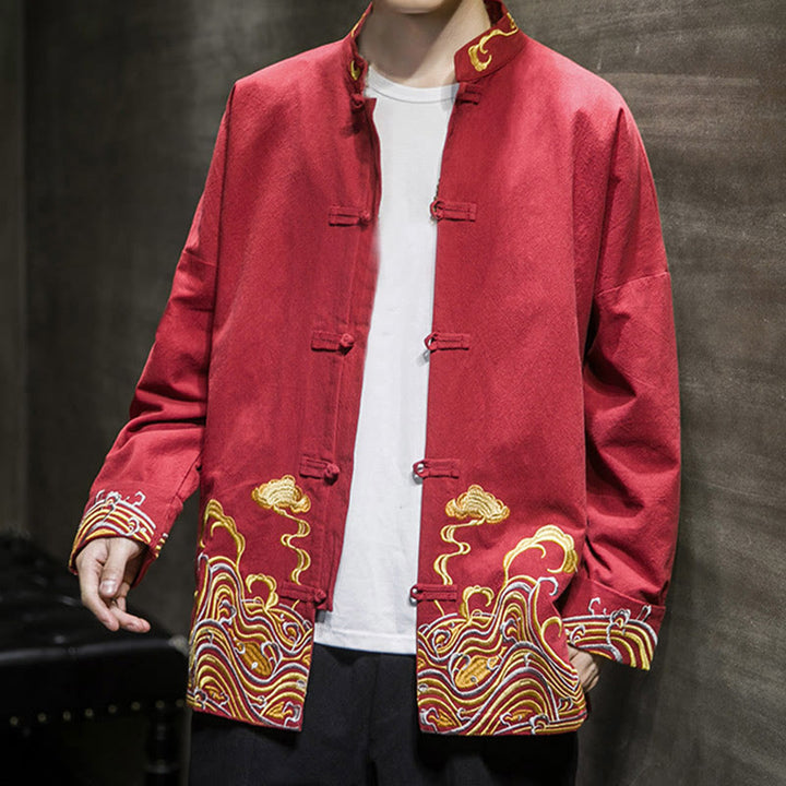 Chaqueta de traje Tang de algodón para hombre, de manga larga, con botones de rana y nubes bordadas con Buddha Stones - image 7