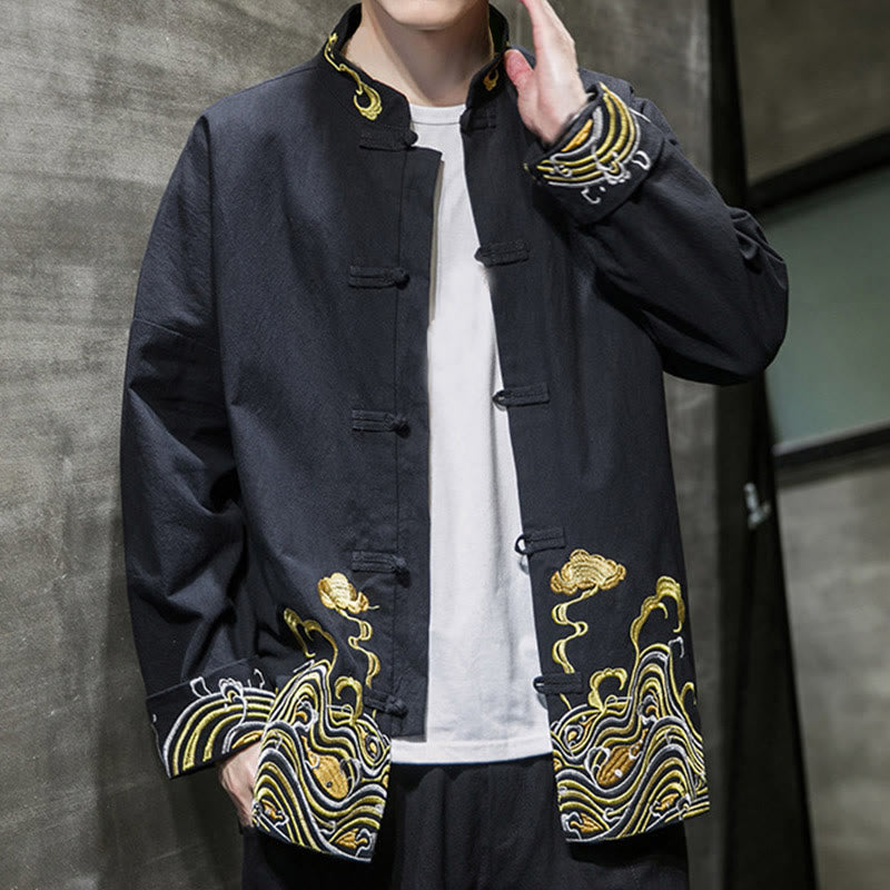 Chaqueta de traje Tang de algodón para hombre, de manga larga, con botones de rana y nubes bordadas con Buddha Stones - image 16