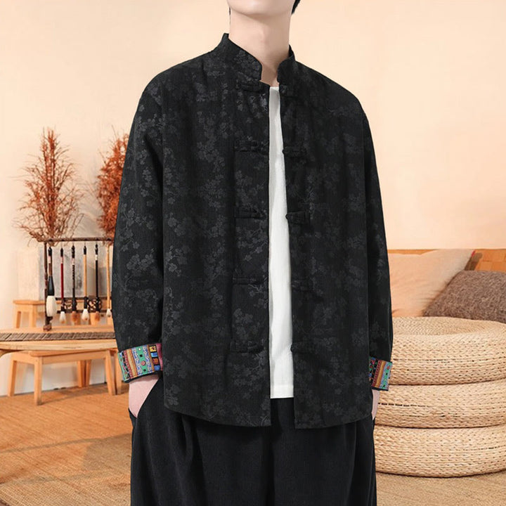 Chaqueta de traje Tang de pana de algodón para hombre, de manga larga, con estampado de flor de ciruelo y Buddha Stones - Negro - US/UK/AU46, EU56 (5XL) - image 4