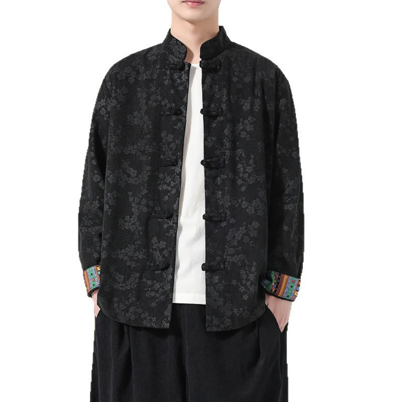 Chaqueta de traje Tang de pana de algodón para hombre, de manga larga, con estampado de flor de ciruelo y Buddha Stones - image 8