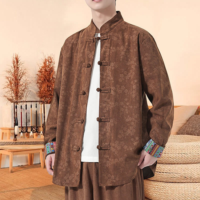 Chaqueta de traje Tang de pana de algodón para hombre, de manga larga, con estampado de flor de ciruelo y Buddha Stones - image 16