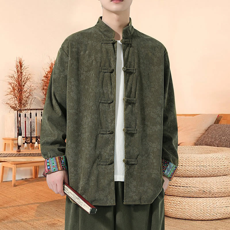 Chaqueta de traje Tang de pana de algodón para hombre, de manga larga, con estampado de flor de ciruelo y Buddha Stones - Verde oliva - US/UK/AU46, EU56 (5XL) - image 0