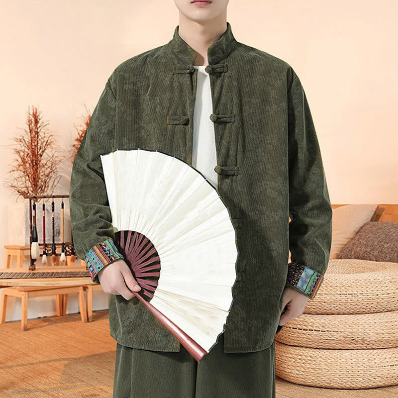 Chaqueta de traje Tang de pana de algodón para hombre, de manga larga, con estampado de flor de ciruelo y Buddha Stones - image 3