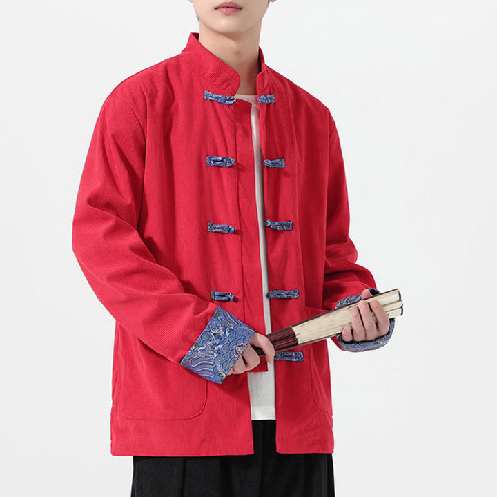 Chaqueta de pana de algodón para hombre, de manga larga, con diseño floral de Buddha Stones y bolsillos - Rojo - US/UK/AU46, EU56 (5XL) - image 0