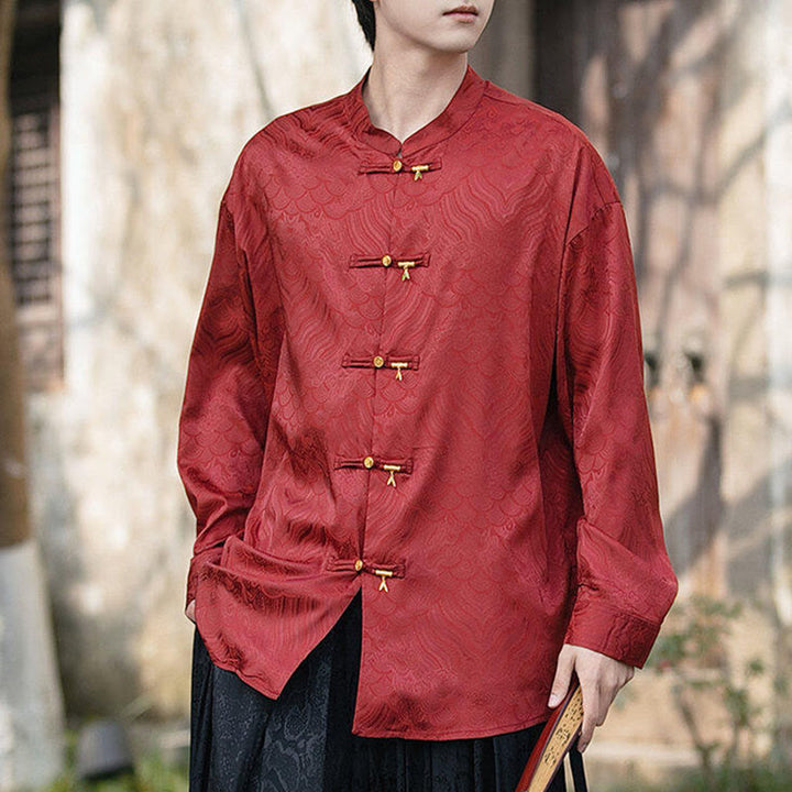 Camisa de manga larga para hombre con diseño de rana china y bambú, con cuello alto y botones - image 20