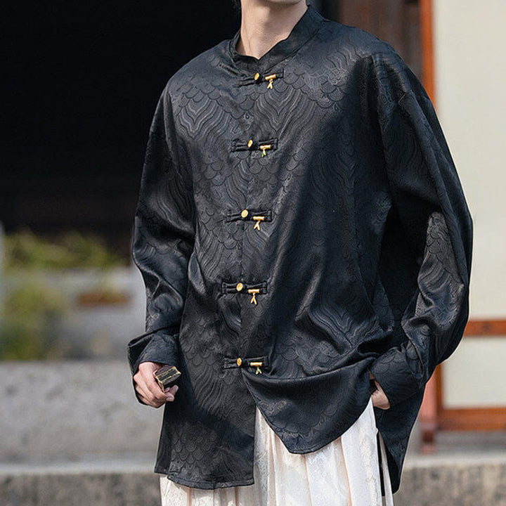 Camisa de manga larga para hombre con diseño de rana china y bambú, con cuello alto y botones - image 15