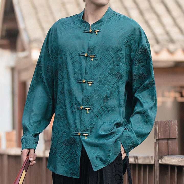 Camisa de manga larga para hombre con diseño de rana china y bambú, con cuello alto y botones - image 32