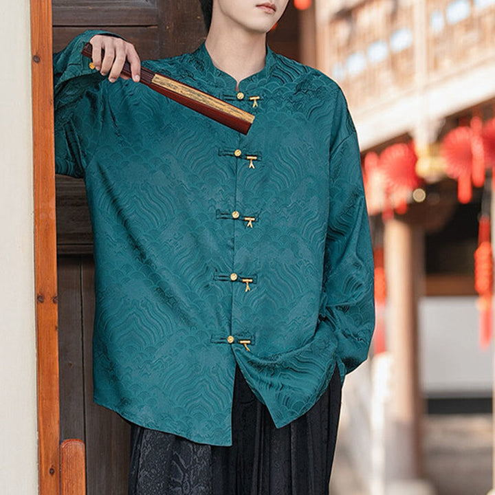 Camisa de manga larga para hombre con diseño de rana china y bambú, con cuello alto y botones - image 31