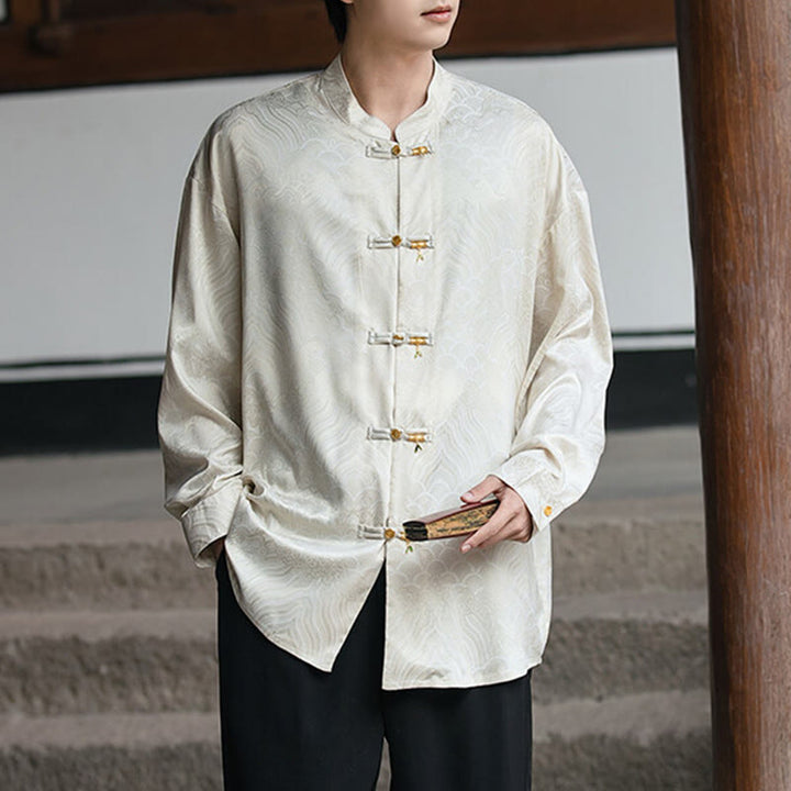 Camisa de manga larga para hombre con diseño de rana china y bambú, con cuello alto y botones - image 1