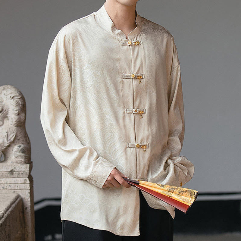 Camisa de manga larga para hombre con diseño de rana china y bambú, con cuello alto y botones - image 7