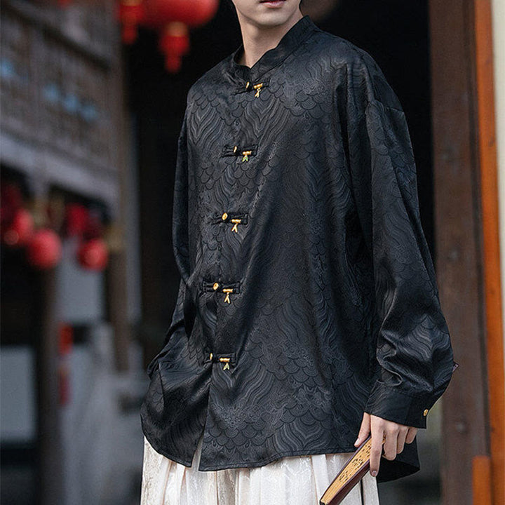 Camisa de manga larga para hombre con diseño de rana china y bambú, con cuello alto y botones - image 14