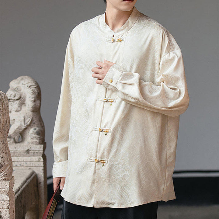 Camisa de manga larga para hombre con diseño de rana china y bambú, con cuello alto y botones - image 6
