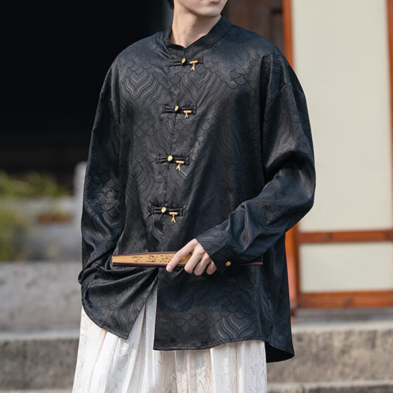 Camisa de manga larga para hombre con diseño de rana china y bambú, con cuello alto y botones - Negro - US/UK/AU46, EU56 (5XL) - image 10